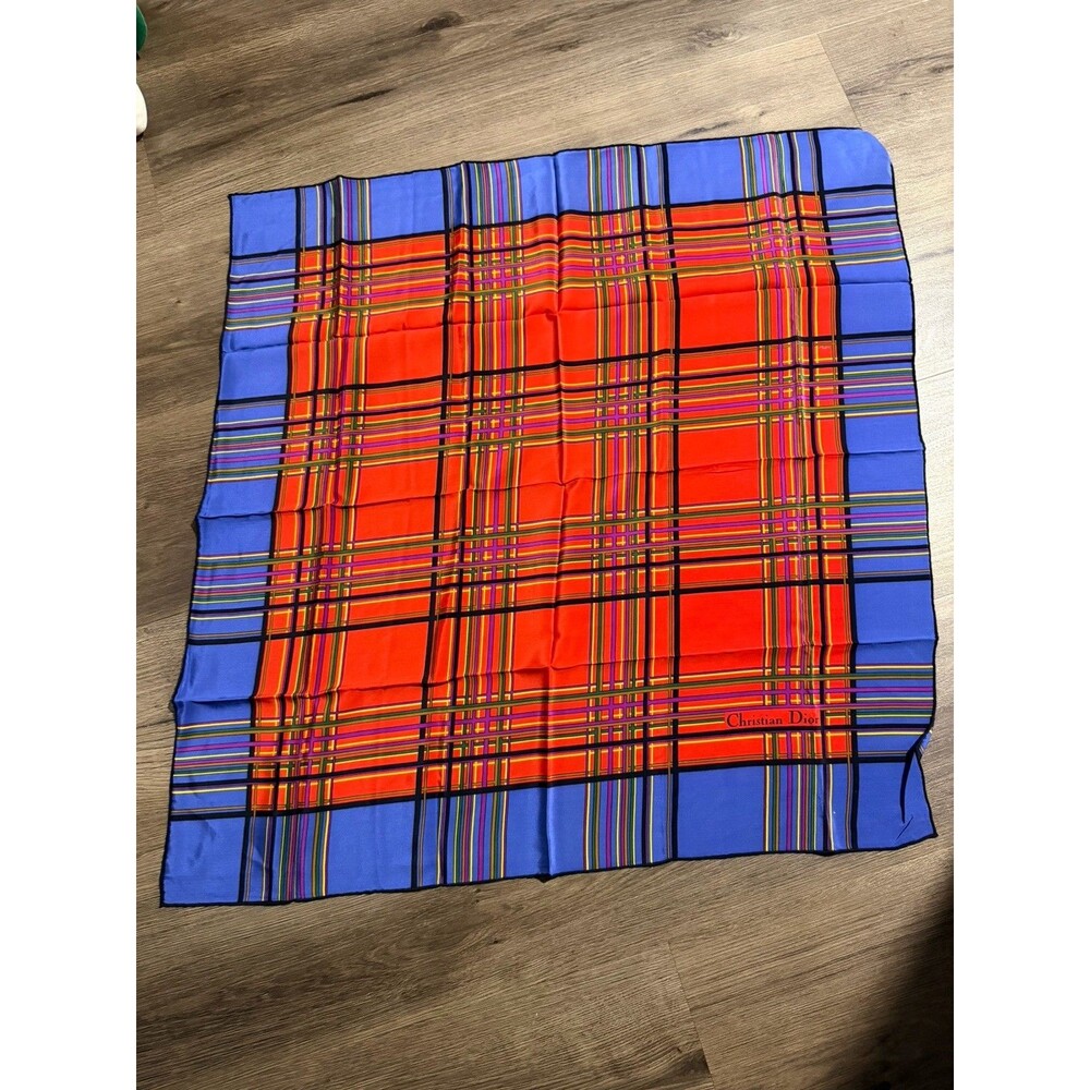 Vintage Christian Dior Silk Scarf Navy Bright Multi Colored Plaid Scarf New